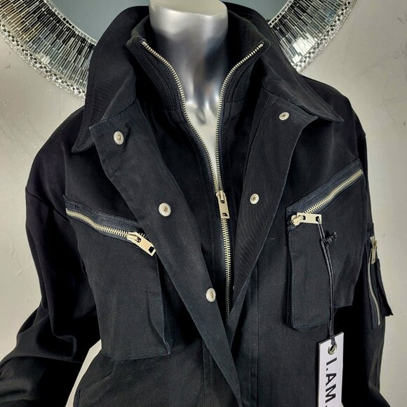 NWT~$295~I AM GIA~S/M~BLACK MILITARY UTILITY CARGO DENIM JEAN JACKET COAT - Picture 4 of 16